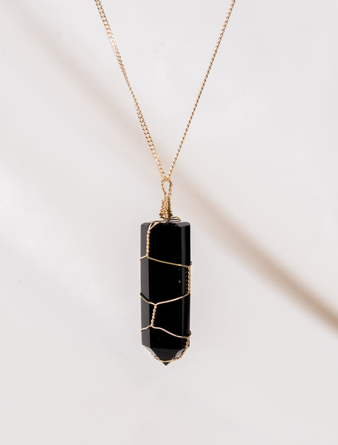 Black Obsidian Gold Wrapped Necklace