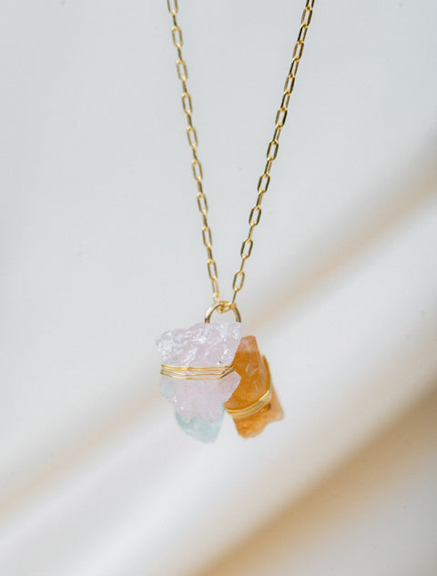 Collier Trio Enroulé • Aigue Marine, Quartz Rose et Topaze Impérial