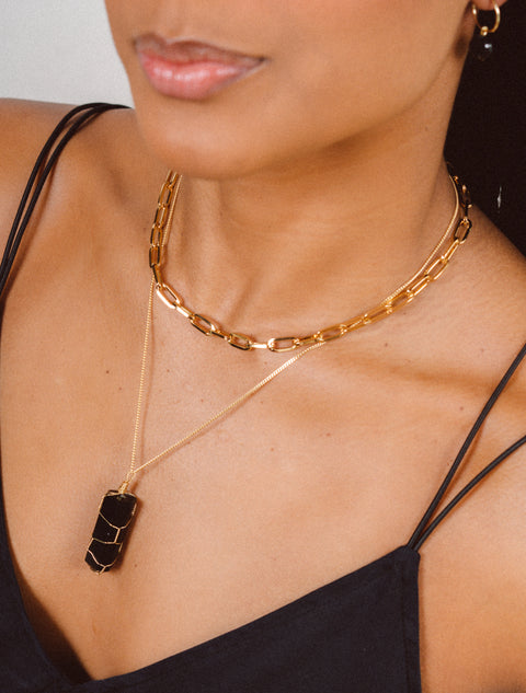 Black Obsidian Gold Wrapped Necklace